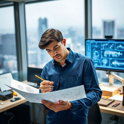 A focused engineer in a modern office environment, looking thoughtfully at a complex blueprint while holding a pencil, showcasing a sense of inquiry