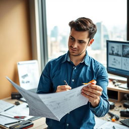 A focused engineer in a modern office environment, looking thoughtfully at a complex blueprint while holding a pencil, showcasing a sense of inquiry