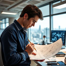 A focused engineer in a modern office environment, looking thoughtfully at a complex blueprint while holding a pencil, showcasing a sense of inquiry