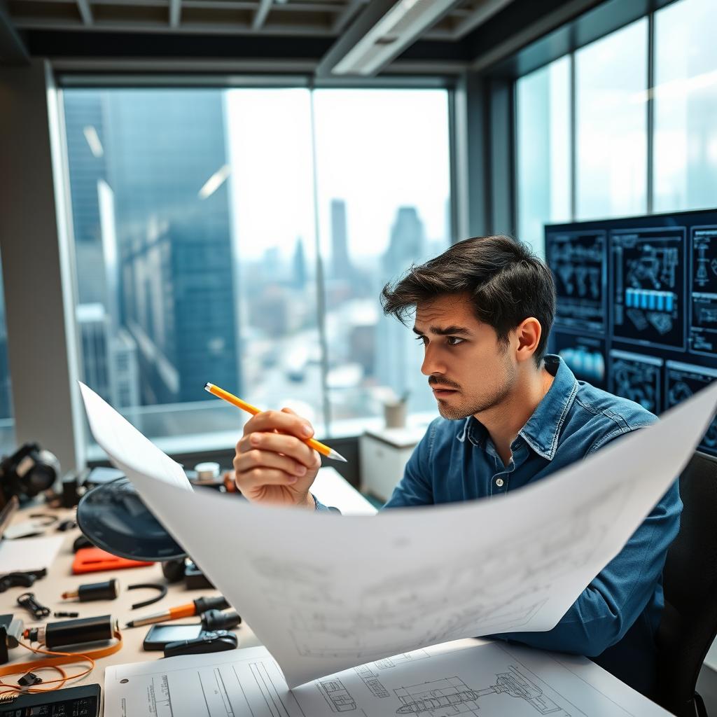 A focused engineer in a modern office environment, looking thoughtfully at a complex blueprint while holding a pencil, showcasing a sense of inquiry