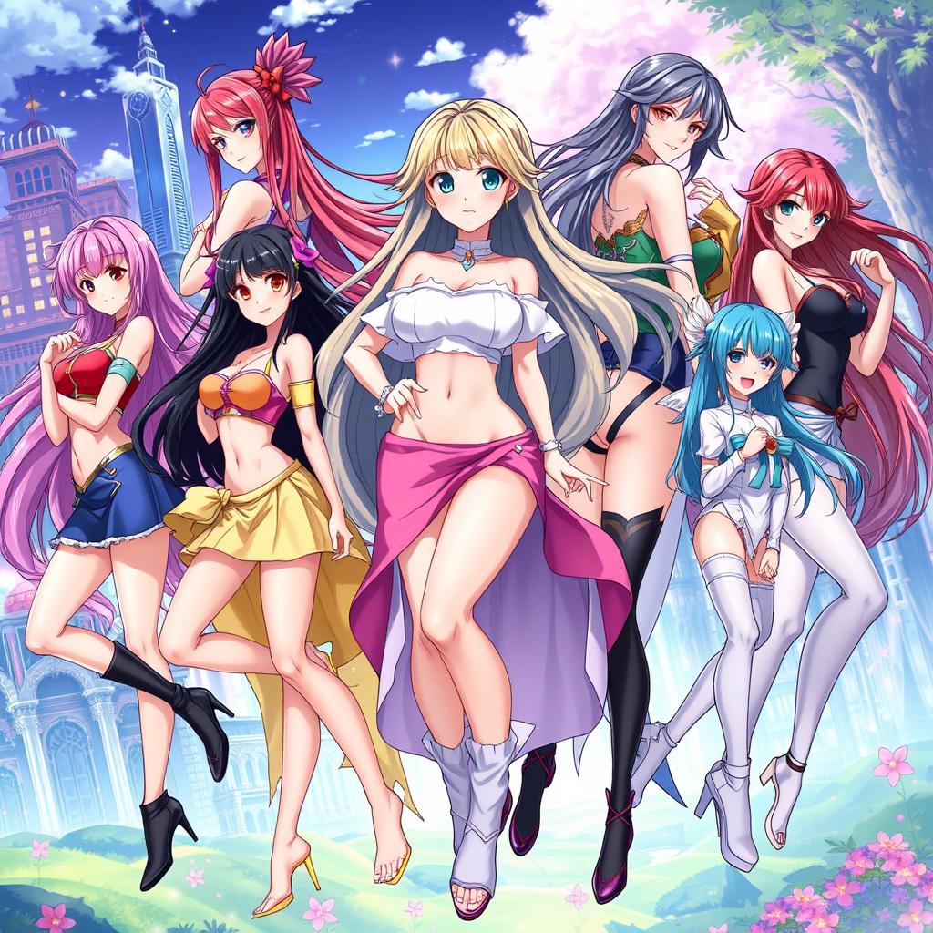 A vibrant, colorful anime style illustration featuring several beautifully designed women, showcasing diverse body shapes and styles