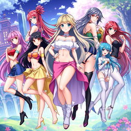 A vibrant, colorful anime style illustration featuring several beautifully designed women, showcasing diverse body shapes and styles