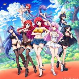 A vibrant, colorful anime style illustration featuring several beautifully designed women, showcasing diverse body shapes and styles