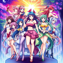 A vibrant, colorful anime style illustration featuring several beautifully designed women, showcasing diverse body shapes and styles