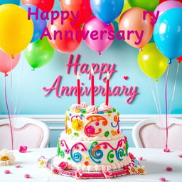A cheerful anniversary scene featuring a beautifully decorated cake with colorful frosting and intricate designs, surrounded by vibrant balloons in various shapes and sizes