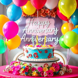 A cheerful anniversary scene featuring a beautifully decorated cake with colorful frosting and intricate designs, surrounded by vibrant balloons in various shapes and sizes