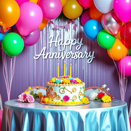 A cheerful anniversary scene featuring a beautifully decorated cake with colorful frosting and intricate designs, surrounded by vibrant balloons in various shapes and sizes