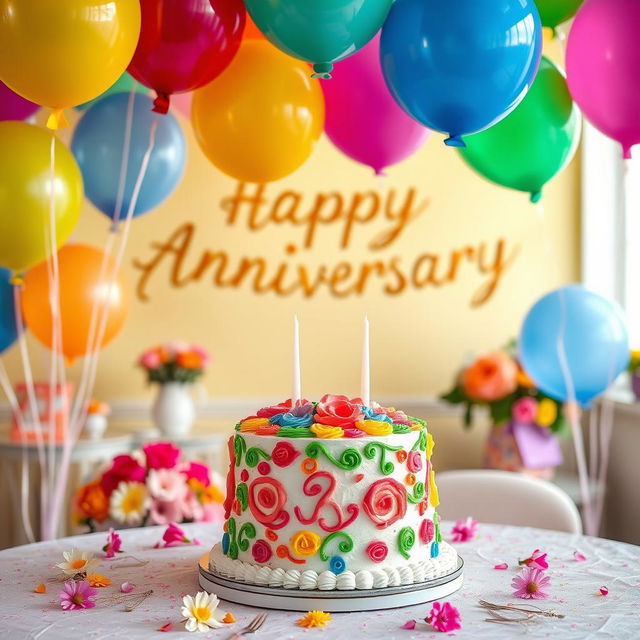 A cheerful anniversary scene featuring a beautifully decorated cake with colorful frosting and intricate designs, surrounded by vibrant balloons in various shapes and sizes