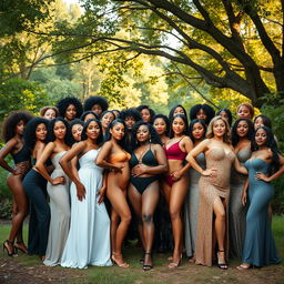 A large group of women posing confidently in a natural, serene setting, celebrating body positivity and empowerment