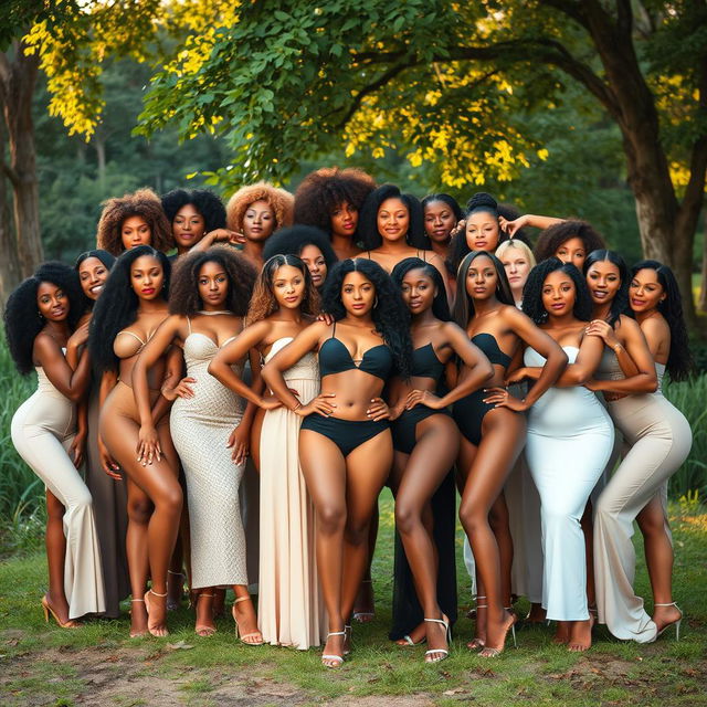 A large group of women posing confidently in a natural, serene setting, celebrating body positivity and empowerment