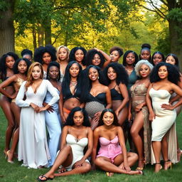 A large group of women posing confidently in a natural, serene setting, celebrating body positivity and empowerment