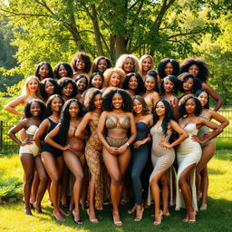 A large group of women posing confidently in a natural, serene setting, celebrating body positivity and empowerment