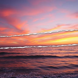 A photo featuring a scenic landscape, showcasing a beautiful sunset over a calm ocean with gentle waves lapping against the shore