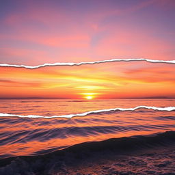 A photo featuring a scenic landscape, showcasing a beautiful sunset over a calm ocean with gentle waves lapping against the shore