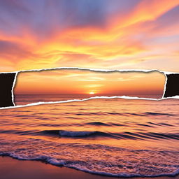 A photo featuring a scenic landscape, showcasing a beautiful sunset over a calm ocean with gentle waves lapping against the shore