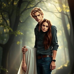 An ethereal and romantic scene featuring Jasper Hale, a handsome young man with blond hair and a toned physique, standing protectively beside Bella Swan, a beautiful young woman with long brown hair and a serene expression