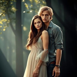 An ethereal and romantic scene featuring Jasper Hale, a handsome young man with blond hair and a toned physique, standing protectively beside Bella Swan, a beautiful young woman with long brown hair and a serene expression