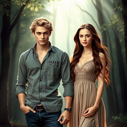 An ethereal and romantic scene featuring Jasper Hale, a handsome young man with blond hair and a toned physique, standing protectively beside Bella Swan, a beautiful young woman with long brown hair and a serene expression