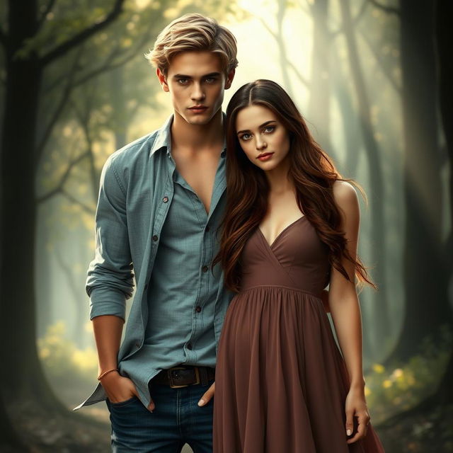 An ethereal and romantic scene featuring Jasper Hale, a handsome young man with blond hair and a toned physique, standing protectively beside Bella Swan, a beautiful young woman with long brown hair and a serene expression