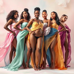 A stunning representation of diverse women embracing body positivity in an artistic, abstract manner