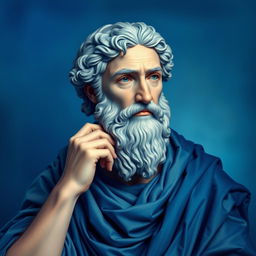 A captivating portrait of the philosopher Aristotle, depicted in a rich blue color palette