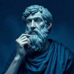 A captivating portrait of the philosopher Aristotle, depicted in a rich blue color palette