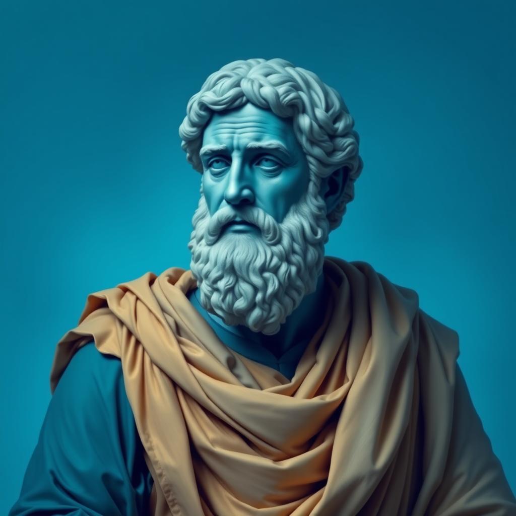 A captivating portrait of the philosopher Aristotle, depicted in a rich blue color palette