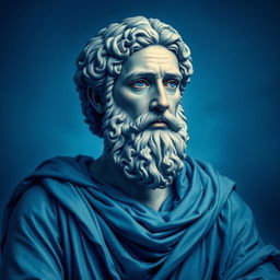 A captivating portrait of the philosopher Aristotle, depicted in a rich blue color palette