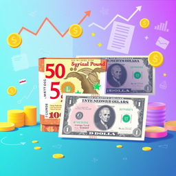 A conceptual illustration of the Syrian pound and US dollar in a creative and artistic style