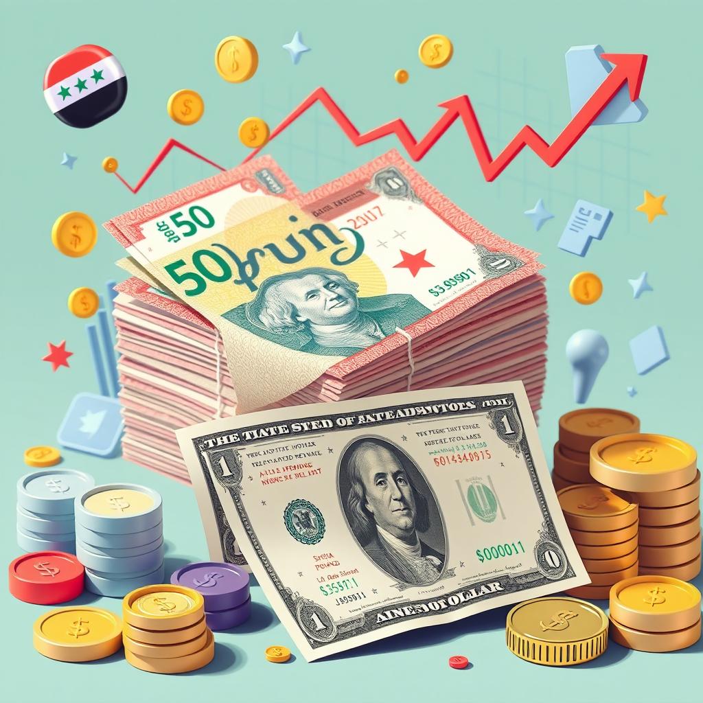 A conceptual illustration of the Syrian pound and US dollar in a creative and artistic style