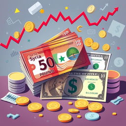 A conceptual illustration of the Syrian pound and US dollar in a creative and artistic style