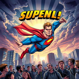 A dynamic and vibrant comic book cover featuring a superhero in mid-action pose