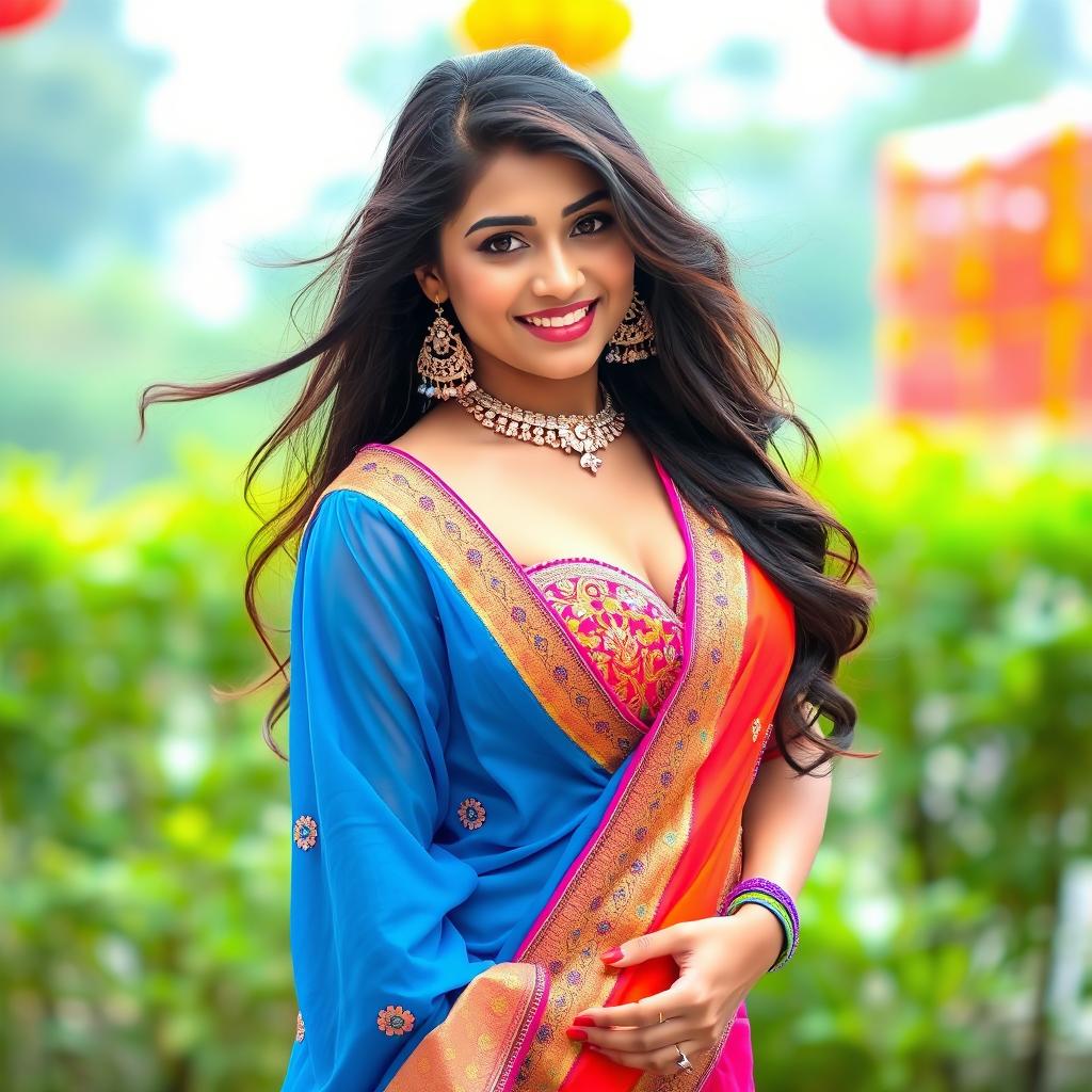 An attractive Indian woman confidently flaunting her navel while wearing a traditional ethnic outfit, such as a colorful saree or a stylish lehenga