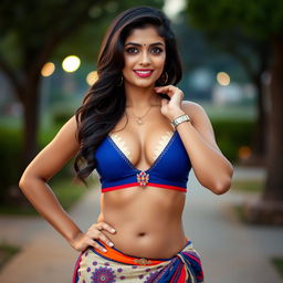A hot Indian woman confidently flaunting her navel, dressed in a stylish and revealing crop top paired with a traditional ethnic skirt or palazzo pants