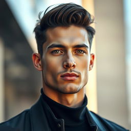 A stunning portrait of a handsome male model, showcasing sharp facial features, a chiseled jawline, and captivating eyes
