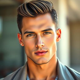 A stunning portrait of a handsome male model, showcasing sharp facial features, a chiseled jawline, and captivating eyes