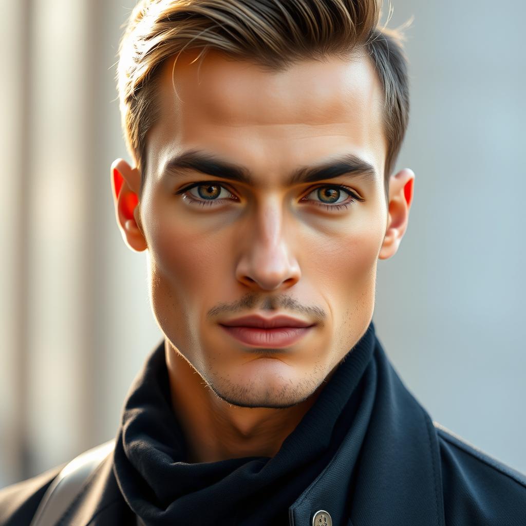 A stunning portrait of a handsome male model, showcasing sharp facial features, a chiseled jawline, and captivating eyes