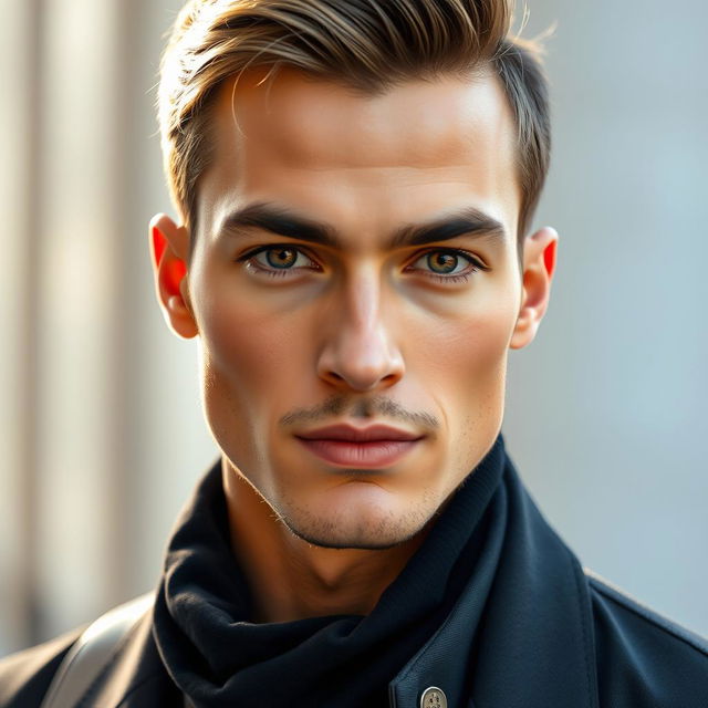 A stunning portrait of a handsome male model, showcasing sharp facial features, a chiseled jawline, and captivating eyes