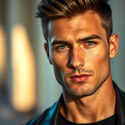 A stunning portrait of a handsome male model, showcasing sharp facial features, a chiseled jawline, and captivating eyes