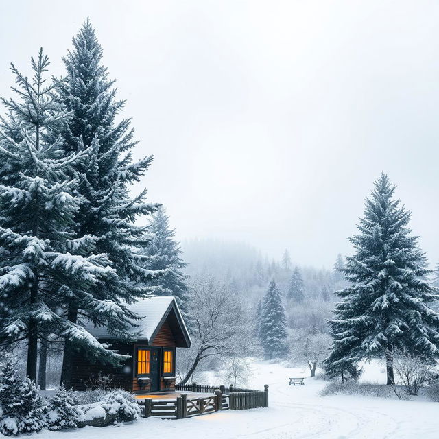 A serene winter scene depicting gentle snowfall in a picturesque landscape