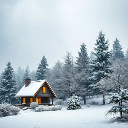 A serene winter scene depicting gentle snowfall in a picturesque landscape