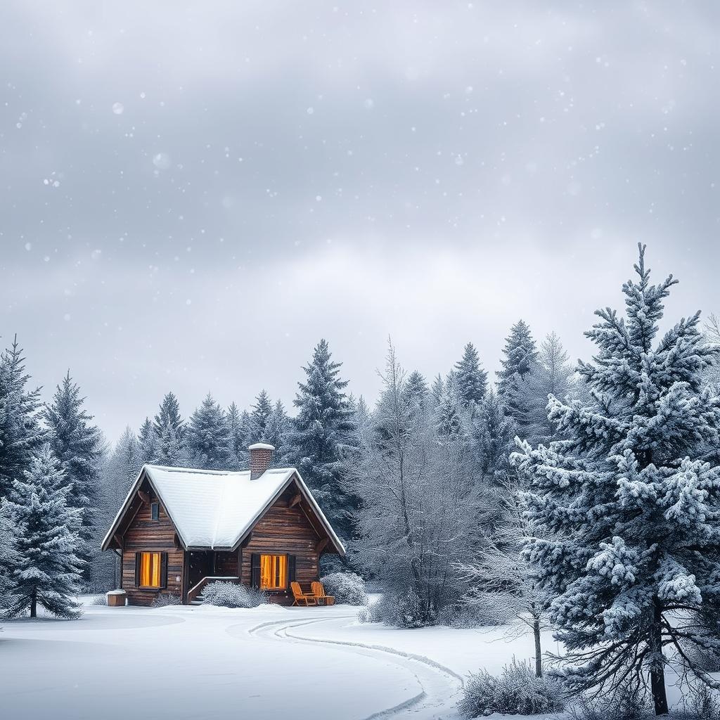 A serene winter scene depicting gentle snowfall in a picturesque landscape