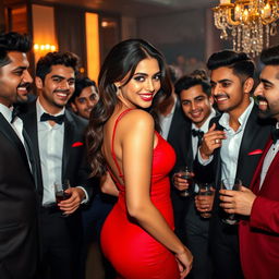 A glamorous actress, featuring a striking resemblance to Kriti Sanon, in a vibrant and playful scene