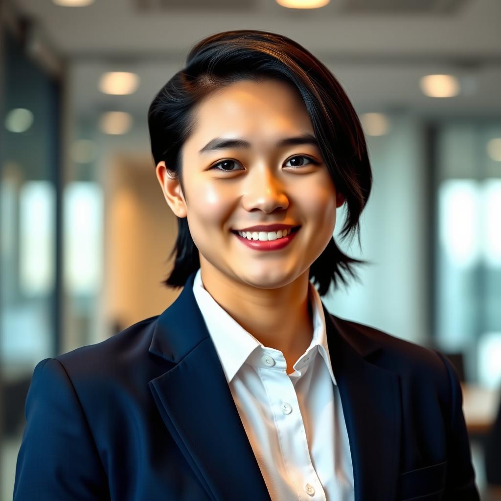 A professional LinkedIn portrait featuring a confident young professional standing in front of a modern office background