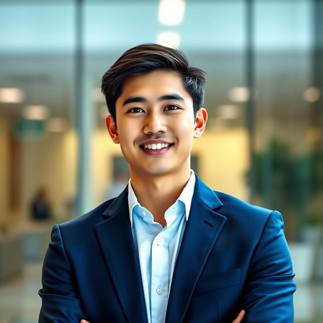 A professional LinkedIn portrait featuring a confident young professional standing in front of a modern office background