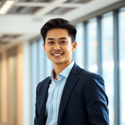 A professional LinkedIn portrait featuring a confident young professional standing in front of a modern office background
