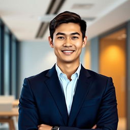 A professional LinkedIn portrait featuring a confident young professional standing in front of a modern office background