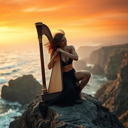 A stunning scene of a woman playing the harp, seated gracefully on the edge of a rugged cliff