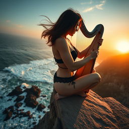 A stunning scene of a woman playing the harp, seated gracefully on the edge of a rugged cliff