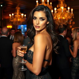 A stunning and alluring woman in an elegant evening dress, showcasing a confident pose